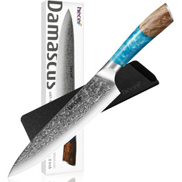 Японський ніж Hecef Damast 20 см з ручкою з харчової смоли: професійний кухонний ніж з дамаської сталі 67 шарів, з захистом для леза, подарунок для шеф-кухаря