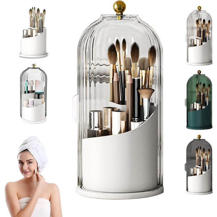 Hidden Toothbrush Holder, Makeup Brush Holder with Lid, 360 Degree Rotating, Waterproof, Dustproof, Organizer, Divided Organizer for Vanity, White