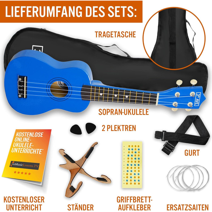 Укулеле Sopran 3rd Avenue 54 см (21 дюйм) – Початковий набір: чохол, підставка, ремінь, струни, медіатор та наклейки на гриф – Натуральний колір – Безкоштовні онлайн-уроки для початківців