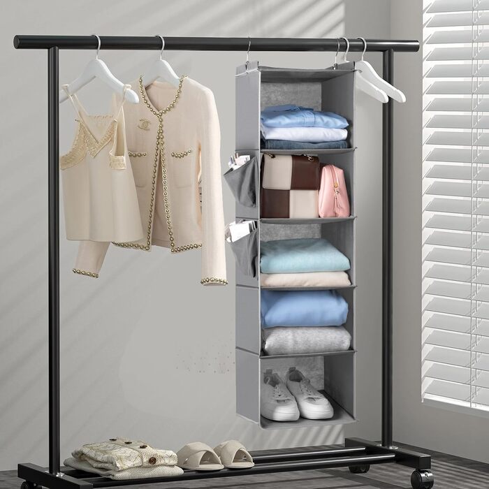 Органайзер для шафи Cozary з 5 відділеннями, складаний, з металевими гачками - сірий