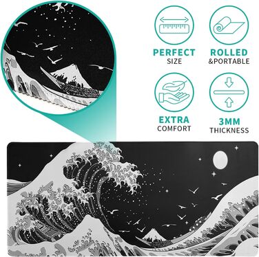 Чорне абстрактне килимок для миші з морем, 80x20 см - килимок для миші з текстурою хвилі, антиковзаюча гумова основа, великий килимок для столу для офісу та дому