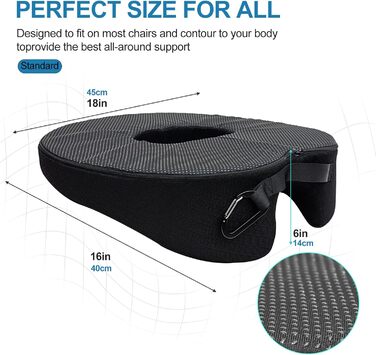 Ортопедична подушка для сидіння (кільце) для геморою та куприкового болю, подушка у формі пончика, Memory Foam, чорна, стандартна