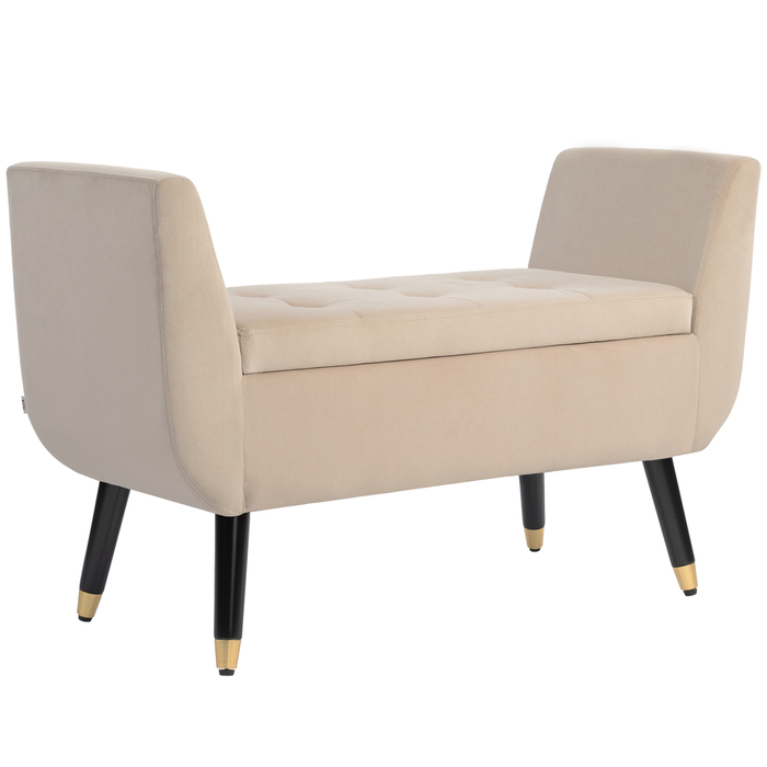 HOMCOM Luxury Bench with Storage, Armrests, and Trunk Bench, Velvet-like Polyester, Rubberwood, Beige, 107 x 42 x 65 cm | Aosom