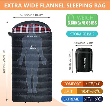 Сплячий мішок Poepore Outdoor Winter для дорослих, Extra Wide, 3-4 сезони, XXL, теплий бавовняний фланелевий ковдровий спальний мішок для кемпінгу, походів, пригод, 230*100см, 0°C (Сірий-R-Zip, -6°C)