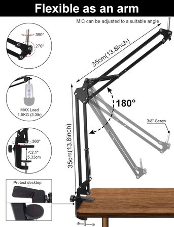 Тримач для мікрофона на подовжувачі, регульований кріплення для Blue Yeti, Yeti Nano, Elgato Wave, HyperX QuadCast, Fifine AM8 та інших мікрофонів, з різьбою 3/8' - 5/8' 1/4', поп-фільтр, кріплення для мікрофона