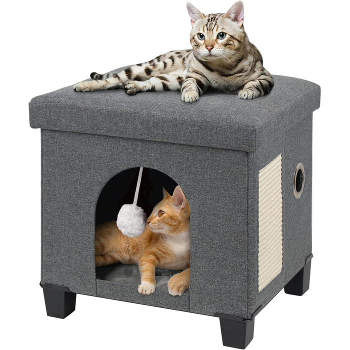 BRIAN & DANY Foldable Cat Cave - Large Cats, Cat House Cave for Cats with Scratch Board and Play Ball, Storage Bench Seat Stool Footstool with Wooden Feet, 37.5 x 32.5 x 36 cm, Grey