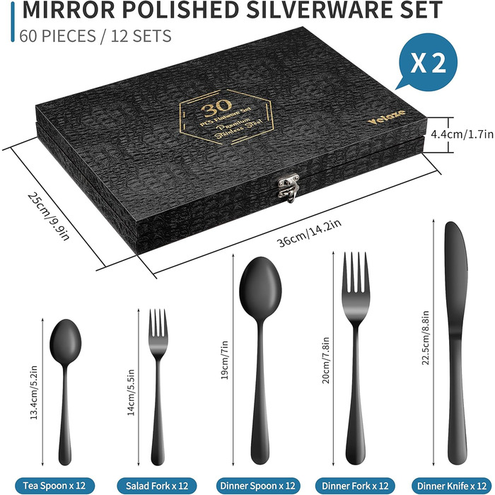 Набір столових приборів Velaze 24 шт. з нержавіючої сталі 18/10, набір столових приборів на 6 осіб (ложки, виделки, ножі, чайні ложки), полірований, з подарунковою коробкою, придатний для миття в посудомийній машині