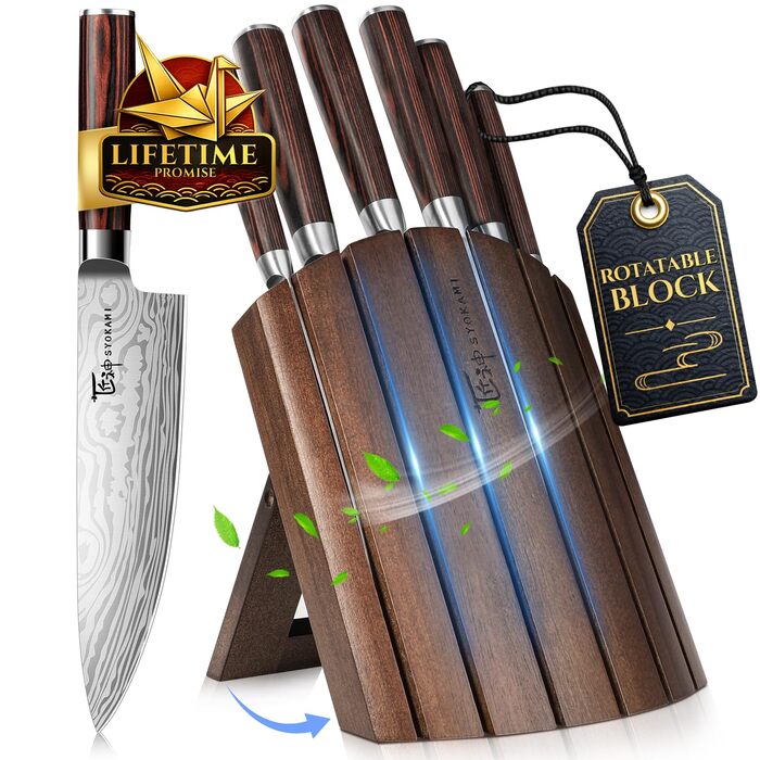 Набір кухонних ножів Messerset 7 предметів у японському стилі з магнітним блоком з акації, сталь карбонова, ергономічна ручка