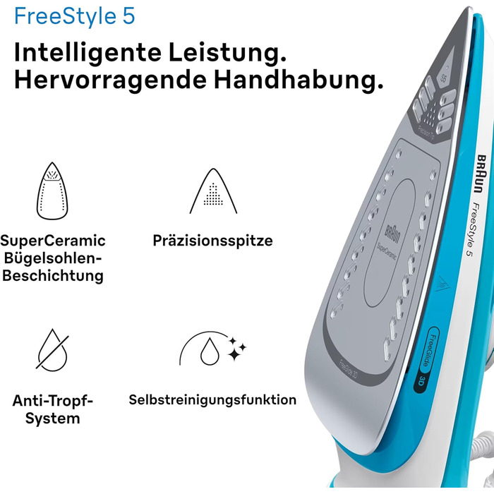 Відпарювач Braun FreeStyle 5 SI 5037 VI - потужний праска з підошвою Freeglide 3D, вертикальним відпарюванням, 2700 Вт, 200 г/хв, резервуар 330 мл (блакитний)