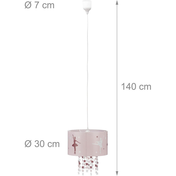 Relaxdays Hanging Lamp for Girls, Children's Lamp with Ballerina Motif, Pendant Light with Star Mobile for Children's Rooms, pink, 30 x 30 x 140 cm