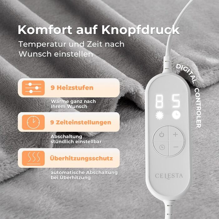Електричний килим Celestа з підігрівом, 9 режимів нагріву, таймер, автовимкнення, 160x120 см, сірий - для софи, ліжка, офісу