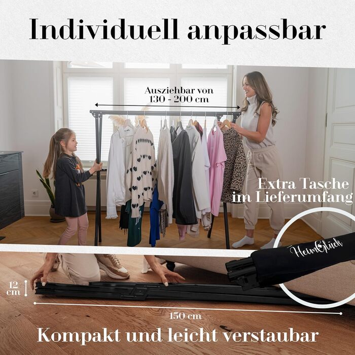 Clothes rack/Laundry rack + Bag Moritz black [Extendable 1.30-2.0m, foldable, very Stable Stainless Steel] Clothes rail, coat rack, hallway coat rack, open wardrobe