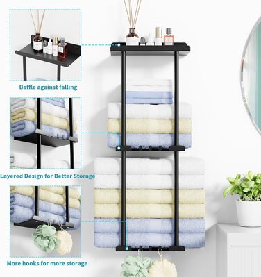 Тримач для рушників без свердління, чорний, з 6 гачками та полицею для ванної кімнати та кухні