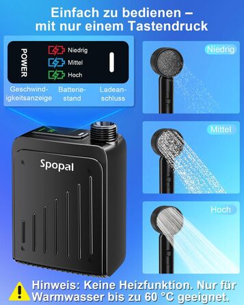 Портативний душ для кемпінгу Spopal 5000mAh, водонепроникний IPX8, з насосом, насадкою, гачком. Для туризму, пляжу, авто, миття тварин
