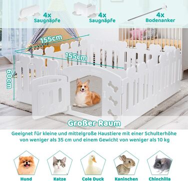 Льох для цуценят MAMIZO 60 см, огорожа для собак з пластикових панелей, портативна сітка для собак, загородження для собак з воротами, включає присоски та ґрунтові анкери, вольєр для собак для дому та вулиці (7+1, білий)