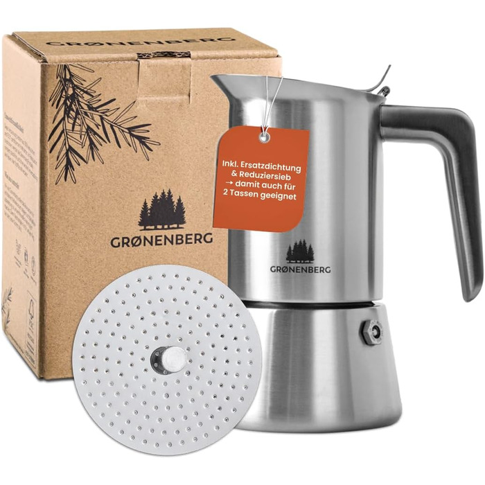 Espresso Maker | High-Quality Espresso Maker Suitable for Induction, Made from High-Quality Stainless Steel | Moka Pot for Coffee Lovers (4 Cups + Reducer Filter)