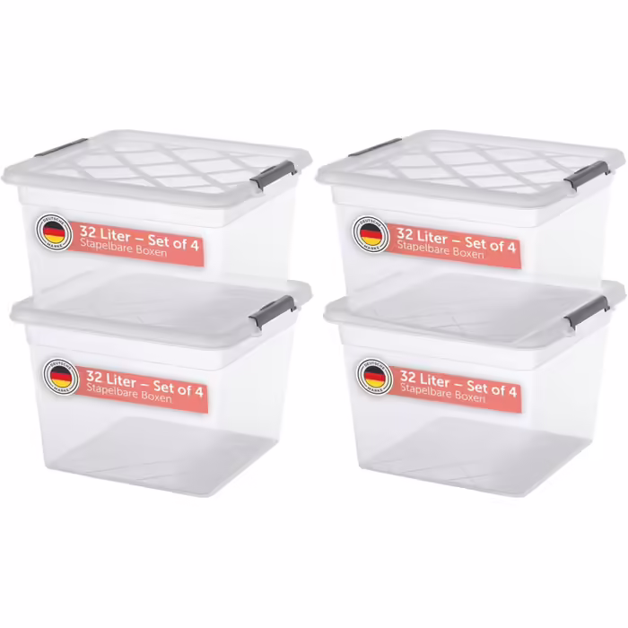 Blumtal Storage Box with Lid 32L Made of Plastic - Storage Boxes 36.5x36x26.5 cm - Storage Boxes Made of 100% New Material with Locking Clips - Storage Boxes with Lid Set of 4