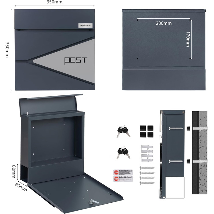 Поштовий ящик Zedelmaier XXL з нержавіючої сталі, індивідуальне гравіювання, 35x35 см, 4 ключі, для листів B5/C4, RAL 7016 Антрацит