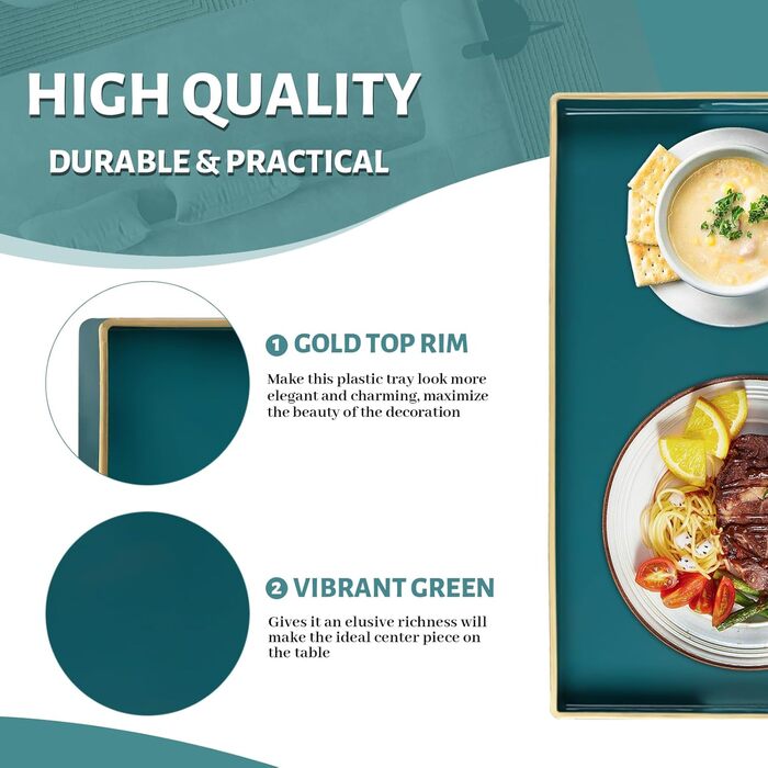 MAONAME Decorative Tray for Coffee Table, Modern Serving Tray with Handles, Rectangular Plastic Tea Tray for Ottoman, Bathroom Decoration, 40 x 25.9 cm (Dark Green)