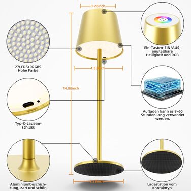 Keepoo LED настільна лампа бездротова диммувана акумуляторна, тепле світло 3000K+RGB, водонепроникна (IP54), для дому та вулиці (ресторан, спальня, бар), алюміній, сріга-сірий та золотий (2 шт.)