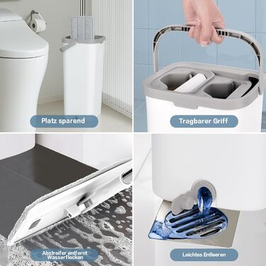 Набір для миття підлоги з відром, Masthome - компактний моп та відро з віджиманням, 3 мікрофібрових насадок та нержавіюча ручка, 2 в 1, для дерев'яних, плиточних та мармурових підлог (білий)