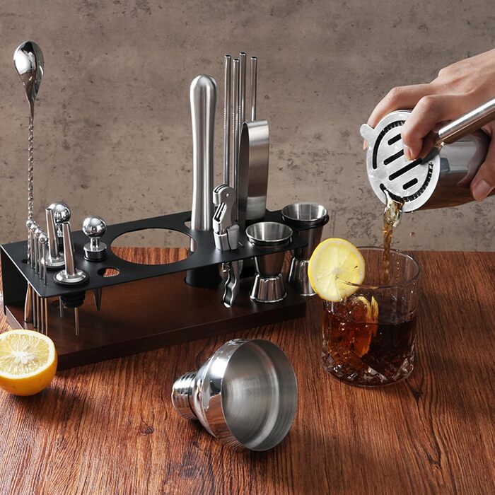 Набір бармена на 23 деталі з підставкою | Комплект шейкерів для коктейлів з усіма необхідними інструментами: шейкер Мартіні, сито, ложка, мадлер, для дому, бару, вечірки (шоколадний)