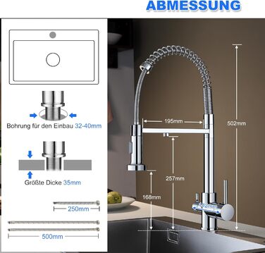 3-х шляхова кухонна змішувач з поворотним виливом 360°, 2 функції (душ, аератор), 3-в-1, з фільтром, з міді та нержавіючої сталі, з гнучкою насадкою для душу, хром