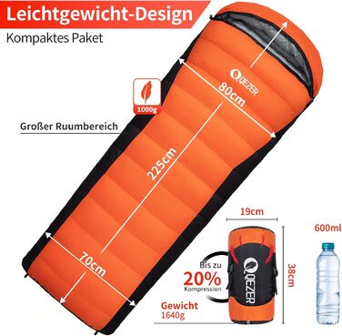 Сплячий мішок пуховий зимовий, 600FP+ преміум-пух, 12°C до -24°C, легкий та теплий для 3-4 сезонів, кемпінг, трекінг, чорний 7°C (оранжевий 0°C)