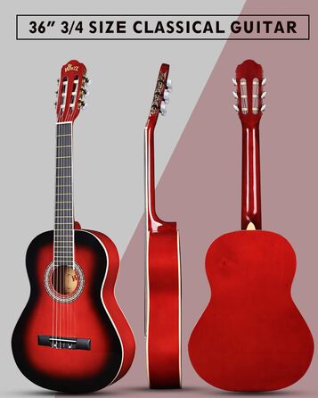 Класична гітара Winzz 4/4 для дорослих та дітей (від 11 років), набір для початківців - Чорний глянцевий (39 дюймів), 3/4 - Червоний