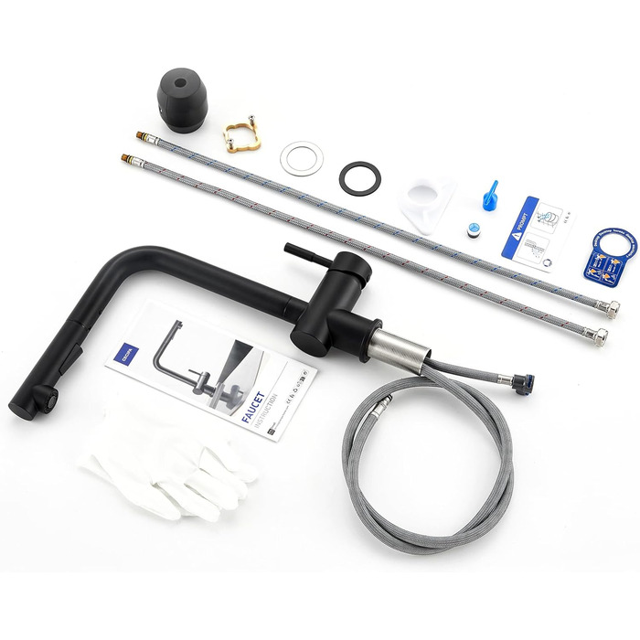 Кран кухонний CECIPA Hochdruck, висувна насадка, двосторонній струмінь, поворотний 360°, з нержавіючої сталі, чорний матовий, ×207B L-подібний, ×2