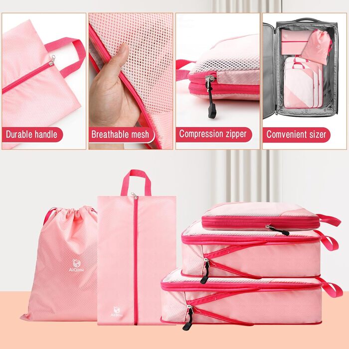 Набір органайзерів для валізи AiQInu: 5 шт. з компресією, мішки для білизни та взуття, рожевий
