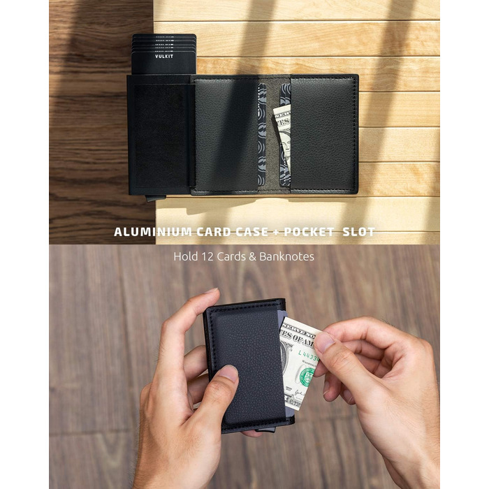 Чоловічий гаманець-картхолдер VULKIT зі шкіри з RFID захистом, чорний (Litchi). Місткість: 5-7 карт + гроші
