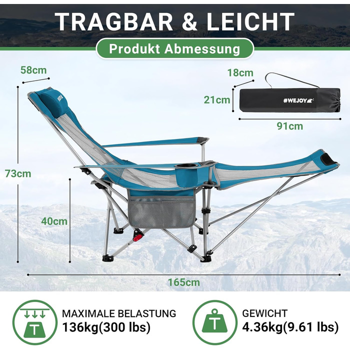 Кемпінговий стілець-шезлонг WEJOY 2-в-1: складаний стілець для пляжу та відпочинку з регульованою спинкою, підставкою для ніг, тримачем для напоїв, сірий/блакитний