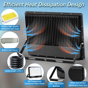 LED прожектор 300W для вулиці, IP67, 2 шт, 30000Лм, 7000K, холодне біле світло, водонепроникний, для складу, саду, гаража, двору, паркування