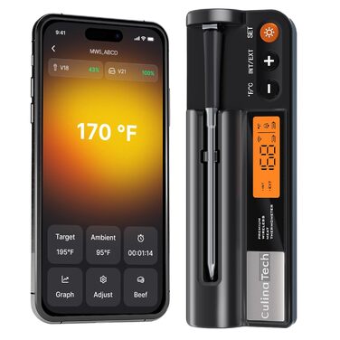 Цифровий термометр для м'яса з LCD-дисплеєм, дальність 213 м, подвійний датчик (внутрішня та навколишня температура), термометр для гриля (яловичина, баранина, індичка), чорний
