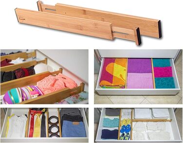 Bamboo Drawer Dividers for Kitchen - Organizational Set of 4 - Spring-Loaded Adjustable & Expandable Drawer Organization