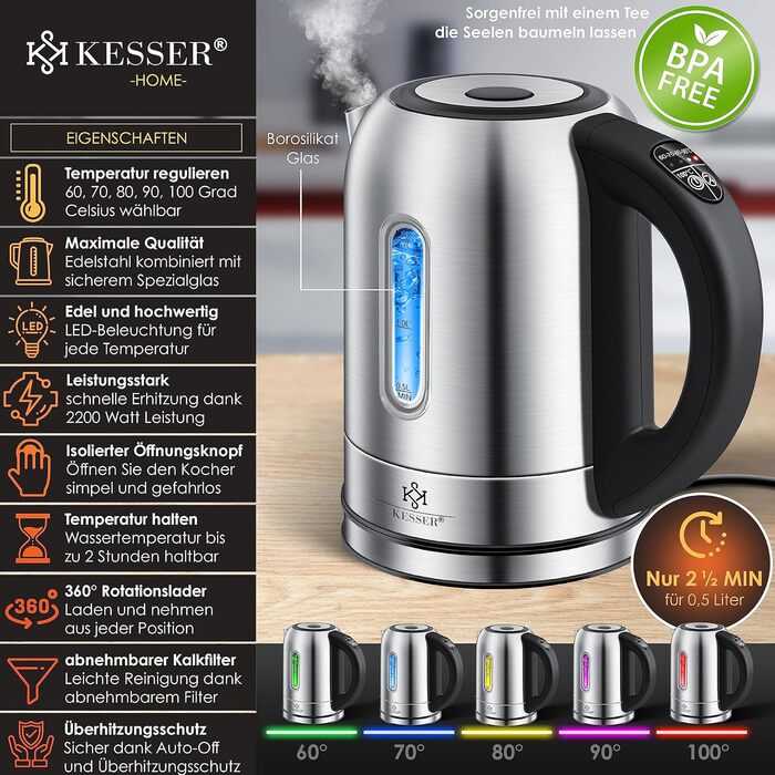KESSER Stainless Steel Electric Kettle - 1.7L with LED Temperature Display (60-100°C) | Tea Filter, Scale Filter, BPA-Free, 2-Hour Keep Warm