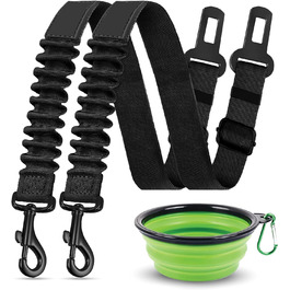 Ремінь безпеки для собак у машину – набір 2 шт. з дорожнім мискою, еластичним гумовим реміннем, регульований, з поворотним механізмом 360° та функцією захисту від ударів для безпечної поїздки