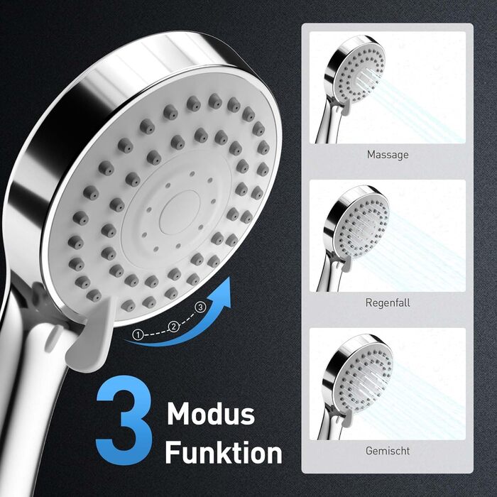 Насадка для душу ручна, 3 режими, високий тиск, діаметр 120 мм, шланг 1.5 м, економна, з тефлоновою стрічкою, хром