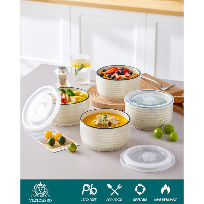 Набір керамічних супових та сервірувальних мисок Vancasso Bonbon з кришкою (4 шт.), бежевий