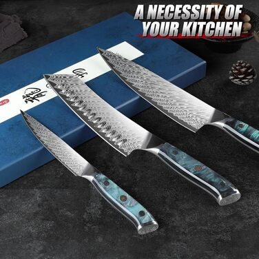 Набір кухонних ножів DRAGON RIOT 3 шт. з ергономічними дерев'яними ручками, японський кухонний набір (Kochmesser, Santoku, Allzweckmesser)