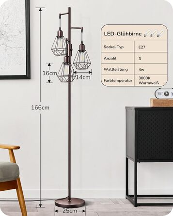 LED торшер Edishine для вітальні, 3 лампи, ретро стиль, диммування, 4W E27, регулювання поворотною ручкою, індустріальний дизайн, металевий абажур-сітка, 2700K, висота 166 см, колір: коричневий