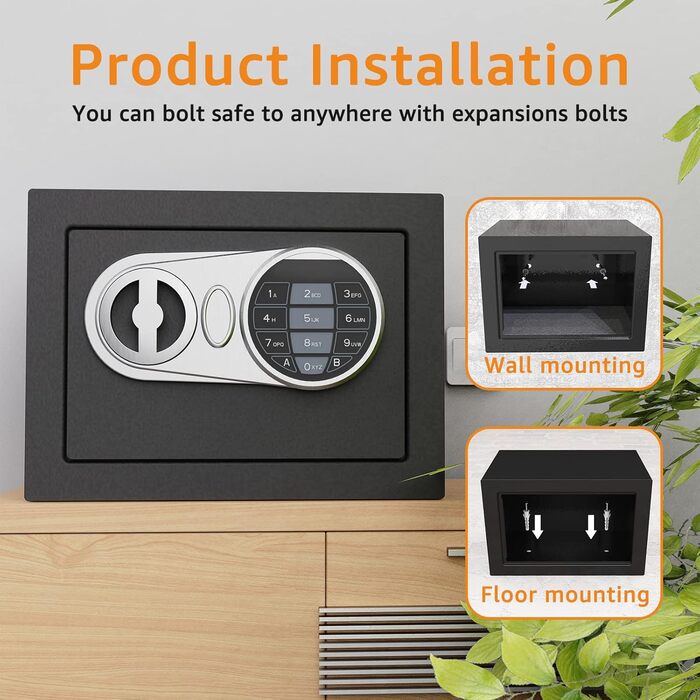Вогнестійкий сейф для дому, міні-сейф для грошей та документів, з кодовим замком, чорний, 0.236 м³