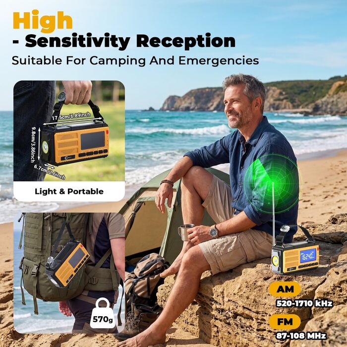 Радіоприймач Esky Kurbelradio з сонячною батареєю, 10000mAh, AM/FM, USB-зарядка, LED-ліхтарик, SOS-сигнал, компас, для кемпінгу та надзвичайних ситуацій, жовтий