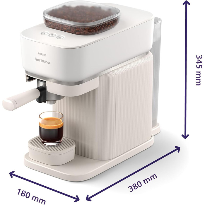 Philips Baristina Espresso Machine - Real Espresso made simple. Compact coffee machine - Naturweiß (off-white) with white portafilter - 16-bar pump pressure - automatic grinder - Cafe Crema (BAR300/00)