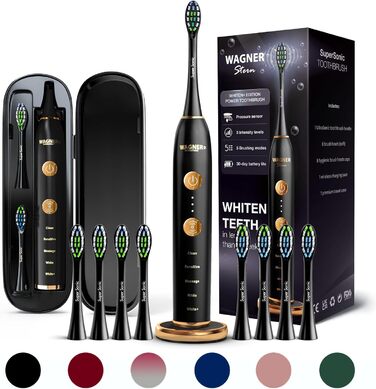 Електрична зубна щітка Wagner Stern WHITEN+ Edition з датчиком тиску. 5 режимів чищення, 3 рівні інтенсивності, 8 насадок, преміум-чохол. Чорний колір