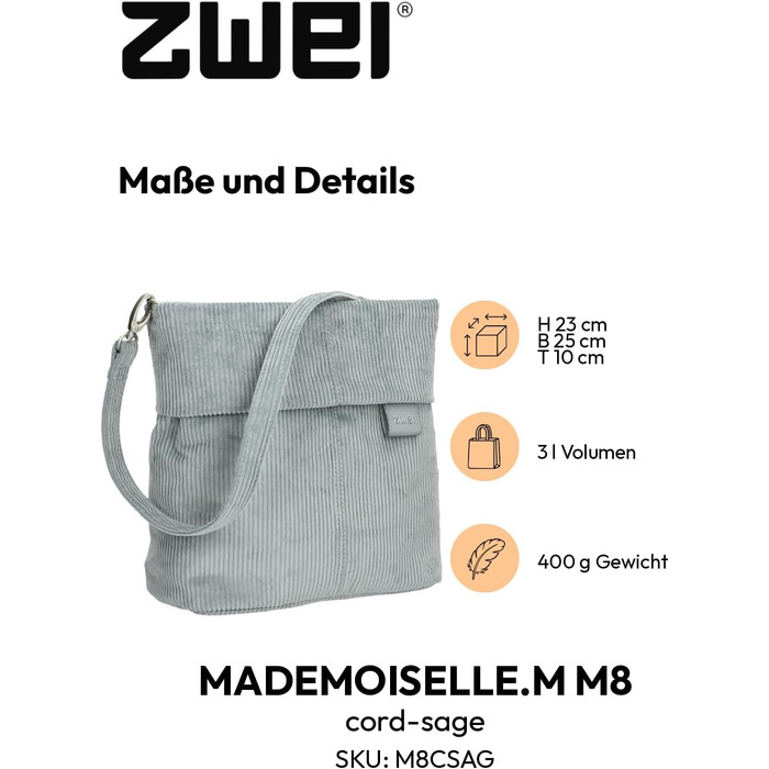 Сумка жіноча Zwei Damen Mademoiselle.M M8 крос-боді з екошкіри, колір: м'ятний. Зі схованим та основним відділеннями на блискавці, коротким та довгим знімним ремінцем.