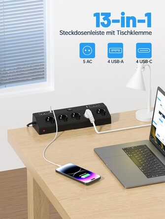Мережевий фільтр PASSUS з 5 розетками, 2 USB-C (PD 30W), захист від перенапруги, індивідуальне вмикання, 10-в-1, з кабелем 2м, для офісу, чорний