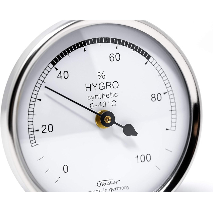 Fischer 150CR - Synthetic Hygrometer - 68mm Humidity Meter with chrome-colored plastic housing. Made in Germany