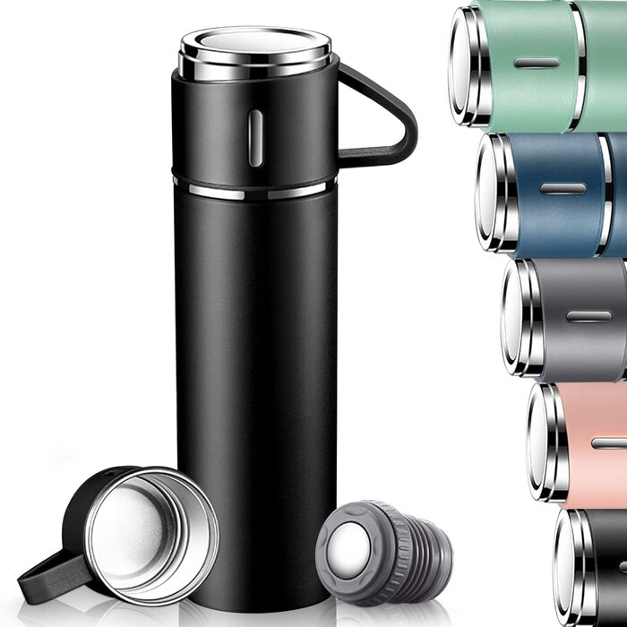 Stainless Steel Thermos Flask with Cup and Handle - 500ml Insulated Travel Mug - Leakproof, Double-Walled, Vacuum Insulated for Kids, Sports & Outdoors (Black)